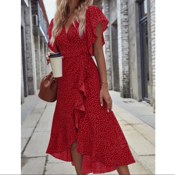 Boho polka dots ruffle hem wrap dress black - Picture 7 of 16